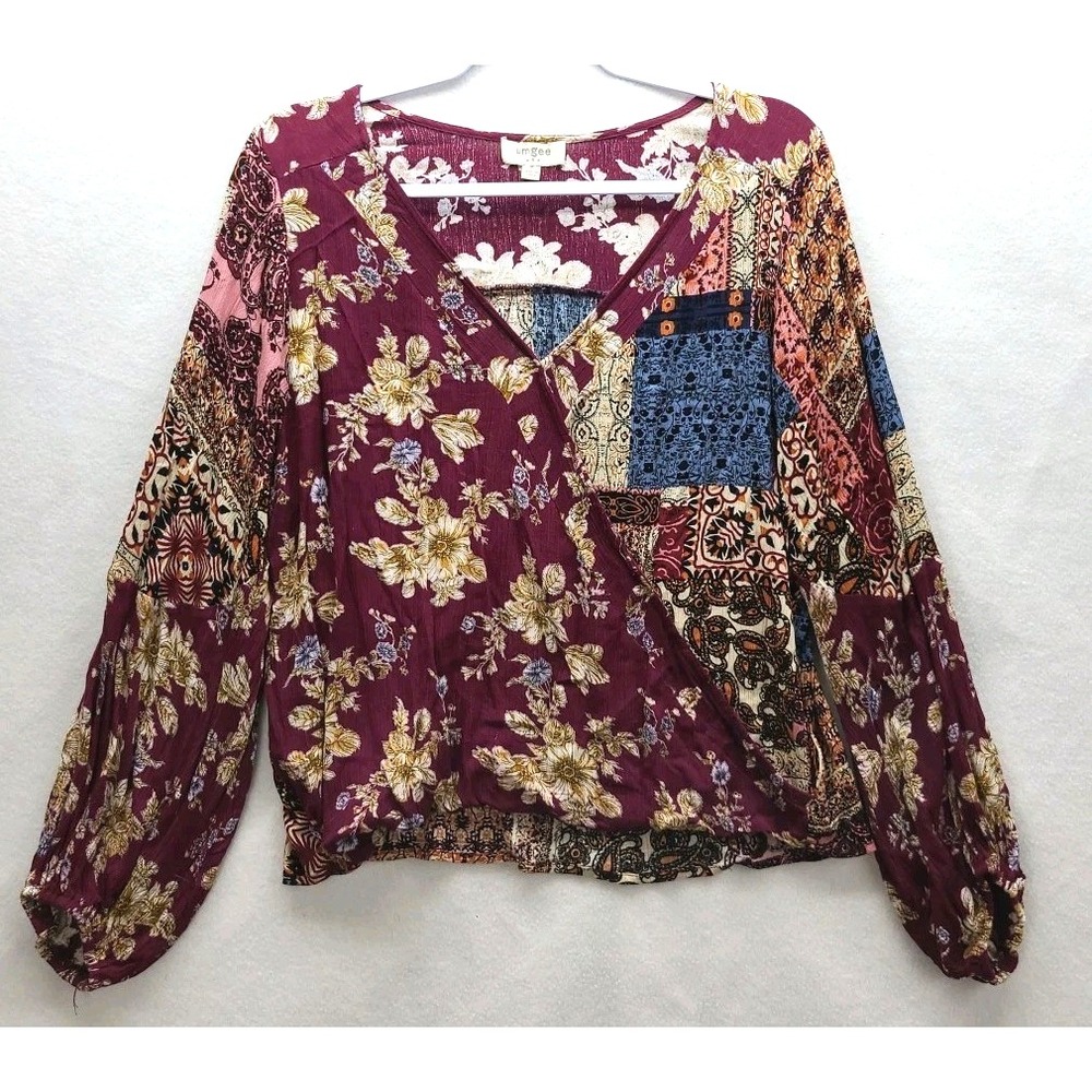 Umgee Patchwork Boho Top M Hippie Fairy Whimsy Faux Wrap Around Long Sleeve